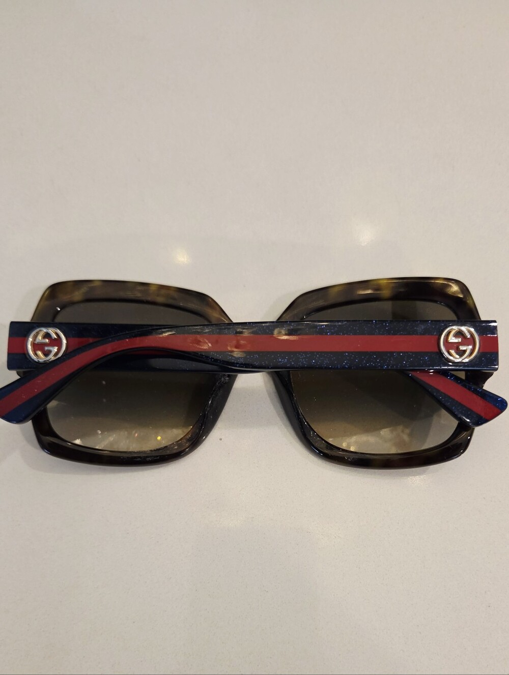 Gucci Tortoiseshell Square Sunglasses with Blue and Red Stripes